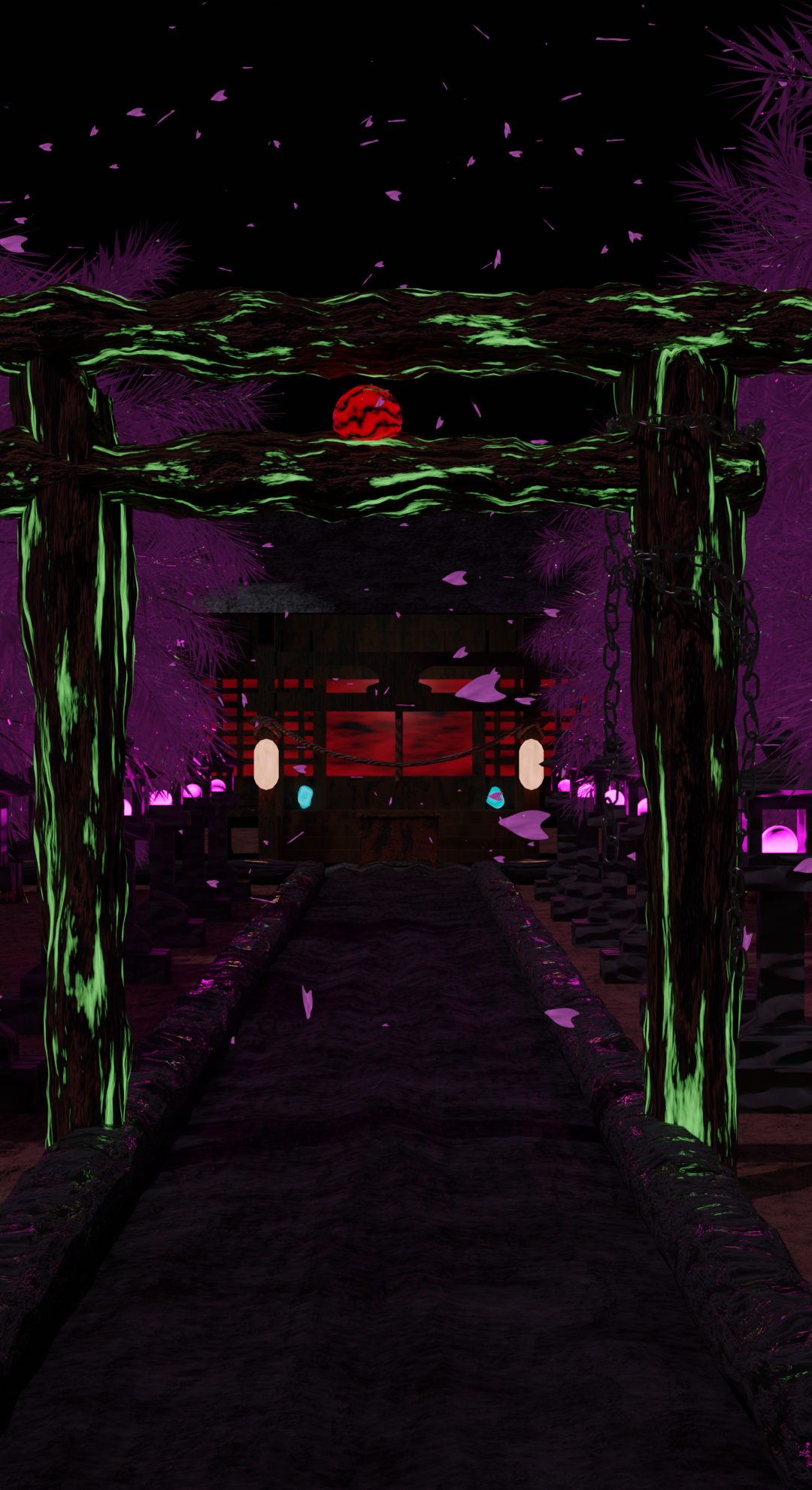 夜桜と寺(縦) 色あり